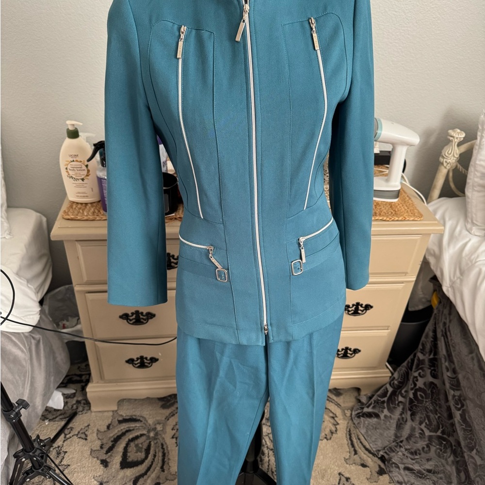 Vintage Fitelle Paris caviar Teal Zip-Up 2 pc Tailored Pant Suit size small